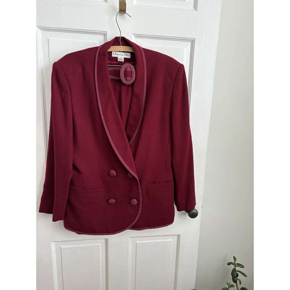 Christian Dior VTG Burgundy Wool Skirt Suit Set Size 14 Double Breasted Belted‎